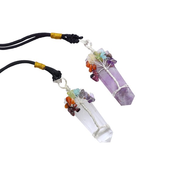 Zaicus Amethyst and Clear Quartz Flat Gemstone Pendant with Seven