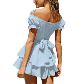 LYANER Women's Tie Back Off Shoulder Wrap Layer Ruffle Short Sleeve Mini Dress Light Blue Small