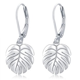 Monstera Earrings 925 Sterling Silver Leverback Earrings Palm Leaves Tropical Earrings Plant Dangle Drop Earring for Women Girls Fashion Jewellery, Sterling Silver, No Gemstone
