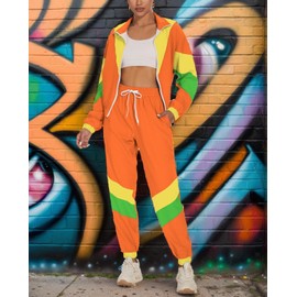 UOUA Women's Color Block 2 Piece 80s 90s Outfits Long Sleeve Windbreaker Jacket Tracksuit Set Orange L