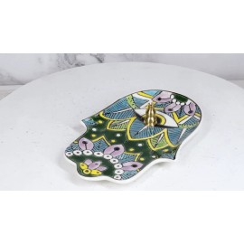 Green Chakra Hamsa Palm Mandala and Evil Eye Ceramic Dish Brass Incense Holder