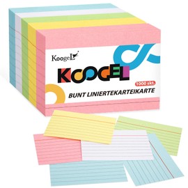 Koogel Koogel 1,000 Stücke Linierte Karteikarte, A8 Karteikarten Vokabelkarten Bunt Lernkarten Beschriftbar für Unterwegs Vokabel Lernen