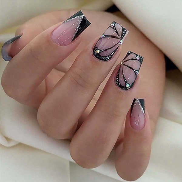 Butterfly Press on Nails Medium Square Fake Nails Glitter with