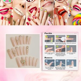 Rchovsam xl Butterfly Diamond Press on Nails Long Square Fake Nails Chain Drill Design False Nails Full Cover Gel Nails Kit for Womens 24pcs