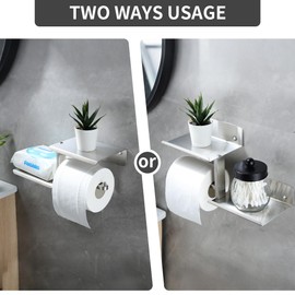 Brushed Nickel Toilet Paper Holder with Double Phone Shelf, Adhesive or Screw Wall Mount Silver Toilet Tissue Roll Holder, Rustproof & 304 Stainless Steel Bathroom Storage Dispenser