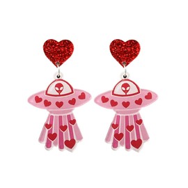 Cute Pink UFO Heart Love Glitter Valentine's Day Dangle Drop Earrings for Women Girls Dainty Lightweight Acrylic Spaceship Aliens Stud Statement Dangling Hanging Hypoallergenic Fashion Y2K Jewelry