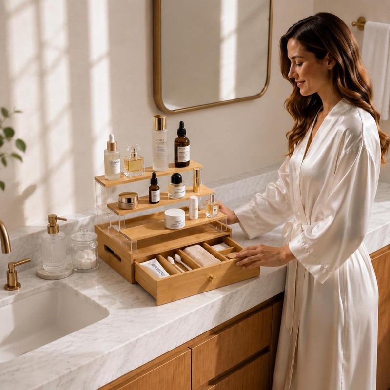 Bamboo Perfume Organizer with Drawer, 3 Tier Makeup Display for