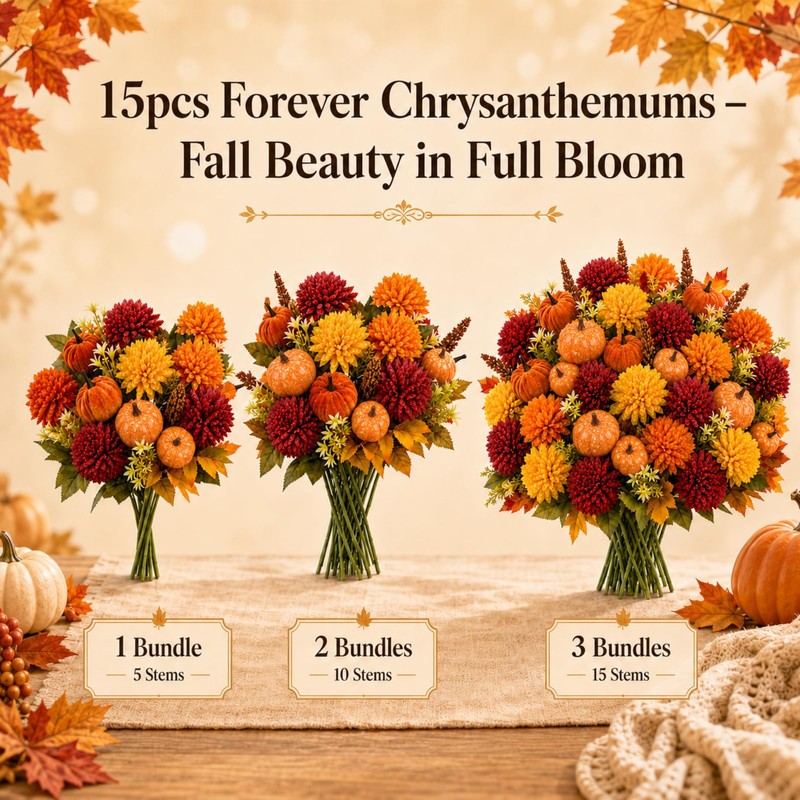 BobbleT 15 Pcs Fake Artificial Fall Mums with Pumpkin Picks,Faux
