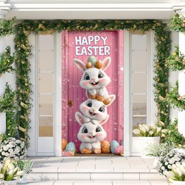 Printspree Easter Bunny Door Cover 6x2.9ft – Happy Easte Door Banner Pink Design with Adorable Stacked Rabbits and Eggs for Home, Events, Parties, Indoor and Outdoor Decorations