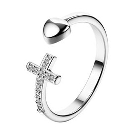 Flongo Cross Rings Heart Ring for Women Girls: Silver Cubic Zirconia Open Adjustable Ring Inspirational Cross Heart Religious Christian Faith Jewellery Gifts for Daughter Girlfriend Sister, Brass
