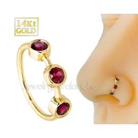 Solid 14K Yellow Gold Nose Hoop 20G Nose Ring Bezel Set 3-Stone Ruby Nose Hoop - Ear Cartilage Ring - July BirthStone Nose Ring NH3BZ20-RBYG