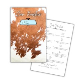 Car Freshie Insert Cards | 50 pk 5.5x8.5” Cow Print Western, fits in 6x9” for Holographic Bags Freshie Scent Label Care Instruction Cardstock