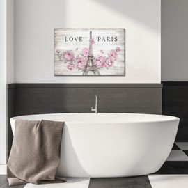 FuShvre Pink Paris Canvas Wall Art Eiffel Tower Painting Prints Pink Flower Wall Decor for Bedroom Bathroom Framed 16"x24"