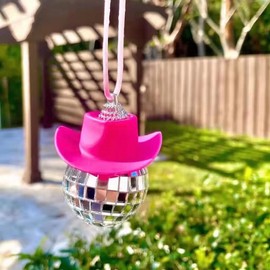 Cute Disco Ball Car Accessories,Pink Cowgirl Hat Disco Ball Car Mirrior Ornament,Car Mirror Hanging Accessories,Disco Ball Car Rearview Mirror Pendant,Car Decoration Hanging Ornament, Disco Car Charm