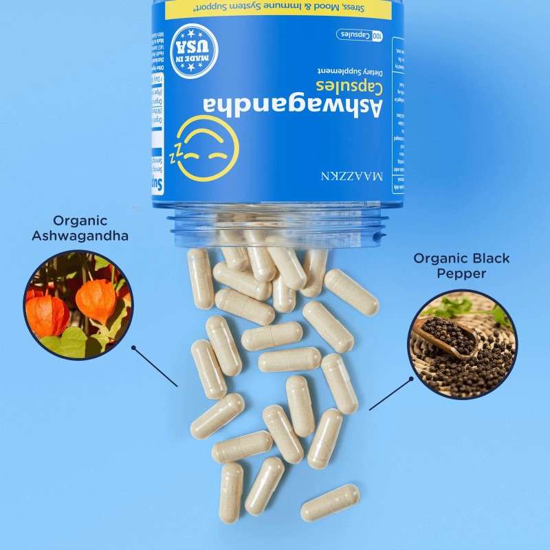 MAAZZKN Organic Ashwagandha Capsules – Stress Relief, Mood & Memory