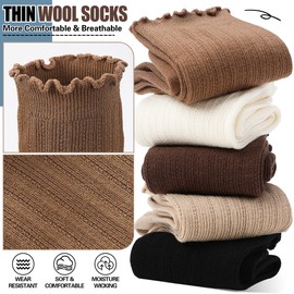 SAVALOS Women Thin Merino Wool Ruffle Boot Socks Cozy Soft Frilly Warm Winter Crew Work Gifts Socks 5 Pairs Stocking Stuffers(Light Khaki,M)