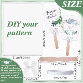 TaoBary 50 Set Church Fans Handheld Kit, DIY Wedding Fans with Wavy Wooden Sticks, Blank Cardstock, White Bows & Tape