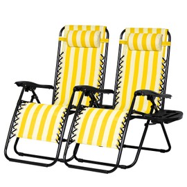 Nazhura Set of 2 Relaxing Recliners Patio Chairs Adjustable Steel Mesh Zero Gravity Lounge Chair Beach Chairs with Pillow and Cup Holder (Yellow Stripe)
