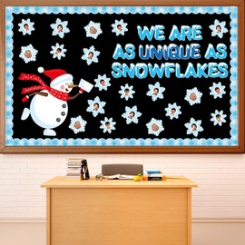 Winter Bulletin Board Decorations Snowflake Snowman Cutouts DIY Photo Craft We Are As Unique As Snowflakes Classroom Decor for Xmas Winter Season Christmas Holiday Home School Wall Door Party Supplies