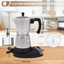 Aluminum Electric Moka Pot 5-6 Cup 270ml Express Coffee Maker Stovetop Espresso Portable Coffeemaker Italian Classic Brewing Greca Cafe Mocha with Removable Base and Overheating Protection Machine