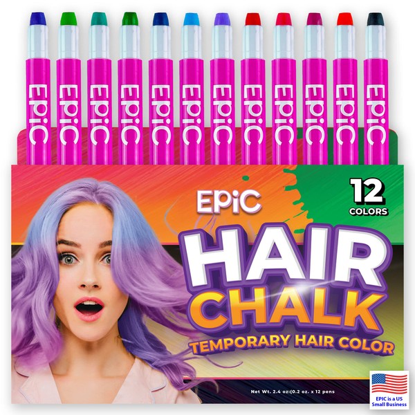 EPIC Hair Chalk for Girls & Boys - 12 Large Pens - Dust Free Wax Hair Crayons - Temporary Hair Color for Kids - Washable - Non Toxic - Stocking Stuffer Christmas Gift Idea