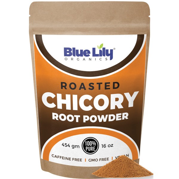 Blue Lily Organics Roasted Chicory Root Powder (1lb) - Prebiotic Dietary Fiber Supplement for Digestion - Create Your Own Cold Brew Coffee - Caffeine Free & Healthy Coffee Alternative