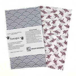 ZEN GIFT ENTERPRISE Japanese Towel Tenugui with Fray Prevention Processing, Seigaiha Navy Blue on White with Orizuru Pattern Dark Red on White, Set of 2, 12.99 x 34.64 in, Made in Japan