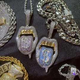 ICEDIAMOND Iced Out Crazy Dollar Blazing Tongue Creative Pendant Necklace, Full Shiny Colored CZ Diamond with White Gold Plated Hip Hop Charm Jewelry for Men (Blue)