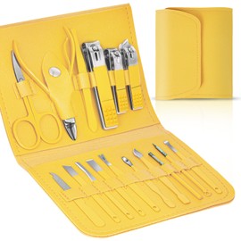 LOPHE Professional Manicure Set, 16pcs Portable Nail Clippers & Eyebrow Grooming Kit, Stainless Steel Nail Care Tools with Luxurious Leather Case for Travel & Home(yellow)