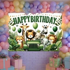HOMETITUTE Jungle Animal Birthday Banner 96x72 Inch Happy Birthday Banner Cartoon Safari Adventure Party Backdrop for Kids Safari Theme Party Decoration Supplies