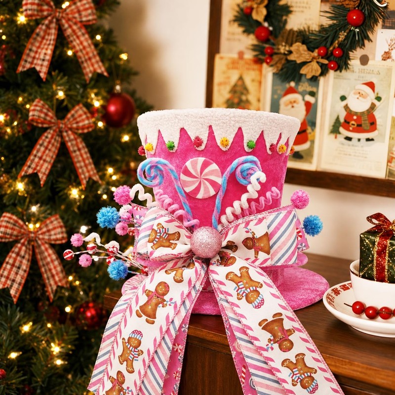 Pink Christmas Tree Topper Hat, Candy Gingerbread Tree Top Decoration