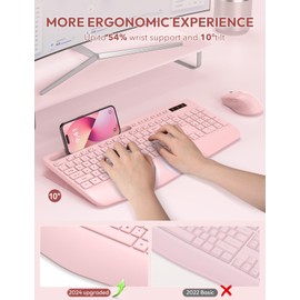 SABLUTE Wireless Keyboard and Mouse, Wrist Rest, Phone Holder, Batteries Included, 2.4G Lag-Free Ergonomic Keyboards Mouse Combo, Silent Keyboard Cordless Set for Computer, Laptop, PC, Windows, Pink