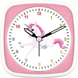 Eurotime Wecker für Mädchen mit Einhorn, Rosa Pink, Kinderwecker, Kunststoffgehäuse und Kunststoffglas, geräuscharmer Wecker, kein Ticken, mit Licht und Weckwiederholung, 27015-22
