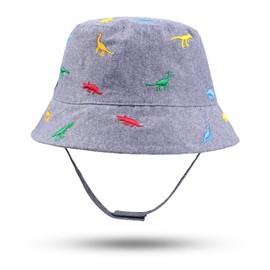 JANGANNSA Summer Baby Boys Hat Sun Protect Bucket Hat for Girls Wide Brim Cotton Beach Cap (Denim Blue Dinosaur, 20.5"(2-4 Years))