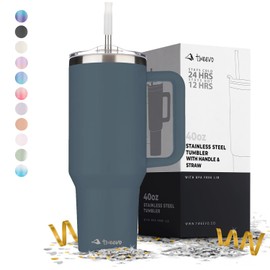tweevo Vaso de 40 onzas con asa y pajita hecho de acero inoxidable, vaso aislado al aspiradora de doble pared con tapa y popote, diseño a prueba de sudor, fácil agarre, sin BPA, apto para lavaplatos