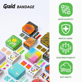 Graid Kids Bandages | Adhesive Flexible Fabric Waterproof Bandages | Assorted Shapes for Minor Cuts, Scrapes, and Wounds | Colorful and Fun First Aid Tin | PET - 96 Count