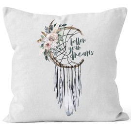 Autiga Cushion Cover Dream Catcher Follow Your Dreams Saying Flowers Feathers Saying Boho Cushion Cover Decorative Cushion White One Size