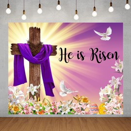 He is Risen Backdrop Easter Decorations Banner Jesus Cross Resurrection Religious Background for Spring Easter Party Supplies 10x8ft