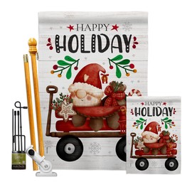 Winter Gnome Wagon Garden House Flags Kit Wintertime Christmas Santa Marry Xmas Present Reindeer Season Snow Small Decorative Gift Yard Banner Made In USA 28 X 40