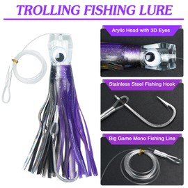 Trolling Bait Saltwater Fishing Bait Offshore Big Game Fishing Lure for Tuna Mahi Marlin Dolphin Wahoo Trolling Skirted Bait Deep Sea Fishing Bait Squid Skirts Rig 6 Inch