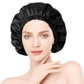 Seidenmütze, 100% Maulbeerseide Schlafmütze, Verstellbare Seidenhaube zum Schlafen mit Elastischem Band, Doppelseidige Weiche Nachtmütze für Damen und Mädchen Alle Haartypen, Atmungsaktive, Schwarz