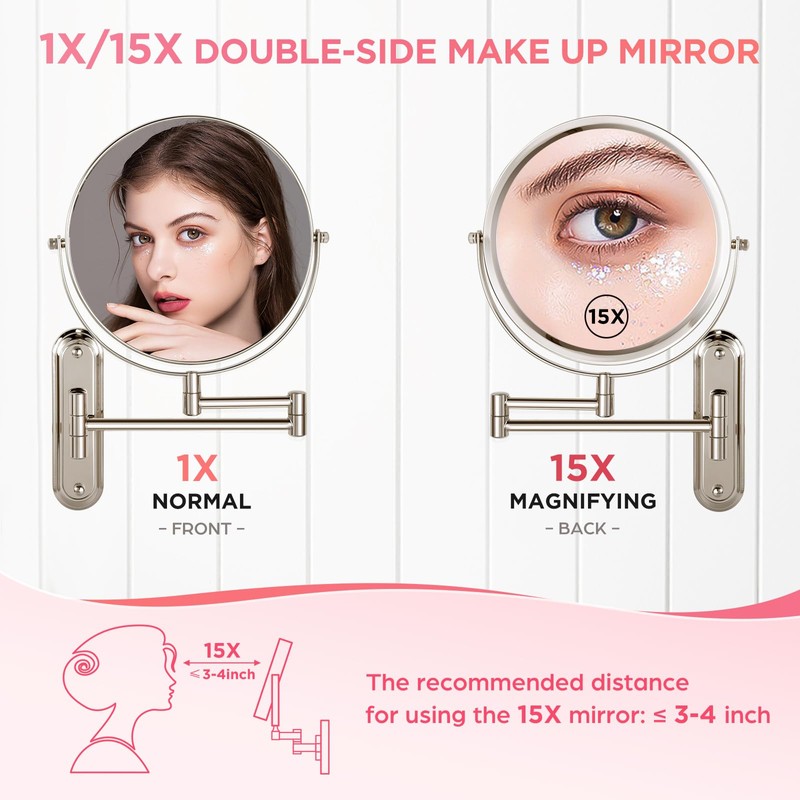 VORREMIRR Wall Mounted Makeup Mirror, 15X/1X Double Sided Magnifying Mirror,