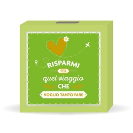LINA OFFICINE GRAFICHE CREATIVE salvadenaio in legno regalo compleanno con la scritta RISPARMI PER QUEL VIAGGIO CHE VOGLIO TANTO FARE