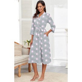 PrinStory Women Dressing Gowns Causal Kimono Robes Long Bathrobe Soft Womens 3/4 Sleeve Ladies Loungewear (Pink Star, M)