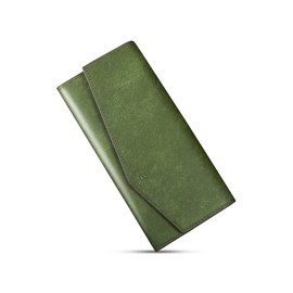 Kawaoto Men's Long Wallet, Pueblo Leather, Genuine Leather, Made in Japan, Small Wallet, Large Capacity, Cover Type, 12 Cards, YKK Zipper, Money Luck, Gift (Green), patina