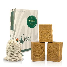 Green Fadel Aleppo Soap - Original - Olive Oil & Laurel Oil, 3 x 200 g, Includes Soap Bag, Handmade, Vegan, Pure Natural Soap, for Face & Body, Hand Soap, Shower Soap, Natural Product