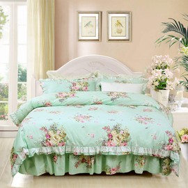 FADFAY Shabby Green Floral Bedding 100% Cotton Princess Lace Ruffle Girls Duvet Cover Set with Bedskirt, 4Pcs, Queen Size