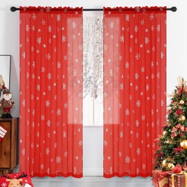 MikiUp Christmas Snowflakes Sheer Curtains, Silver Foil Printed Semi Sheer Drapes for Bedroom Living Room, 52 x 95 inch Red