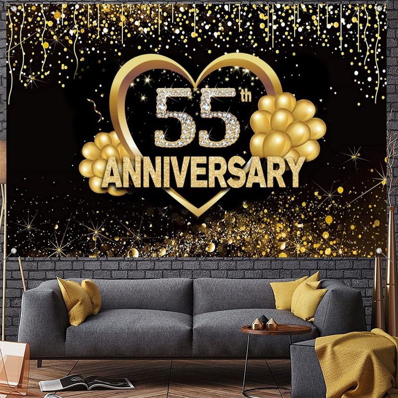 Happy 55th Anniversary Banner Backdrop Decorations, Wedding Anniversary 55th Happy