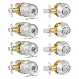 Plustool 4 Pack Exterior Door Lock Set, Satin Nickel Door Knob and Deadbolt Combo Set, Keyed Alike Entry Door Knobs with Lock&Keys, Round Ball Door Locksets with Deadbolt for Entrance and Front Door